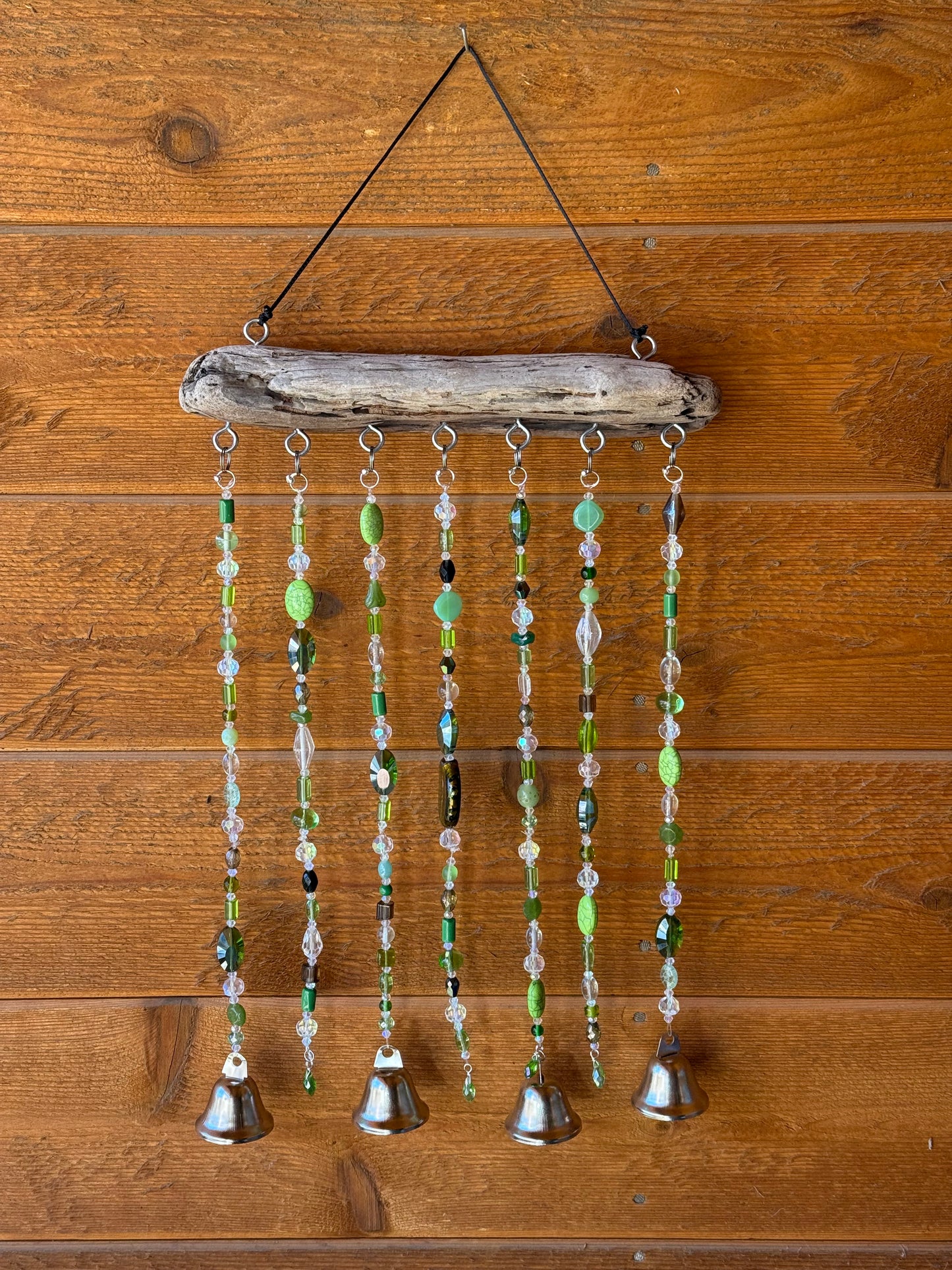 Handcrafted Green Glass Beaded Sun Catcher with Driftwood & Bells