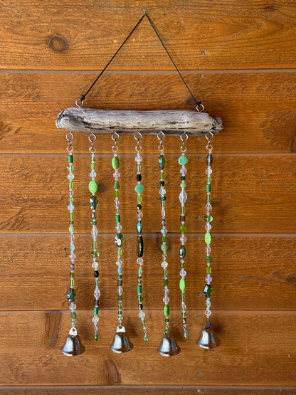 Handcrafted Green Glass Beaded Sun Catcher with Driftwood & Bells