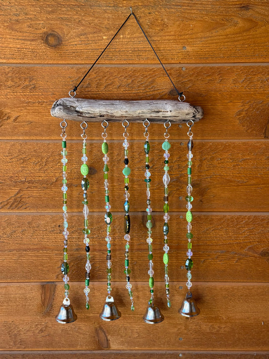 Handcrafted Green Glass Beaded Sun Catcher with Driftwood & Bells