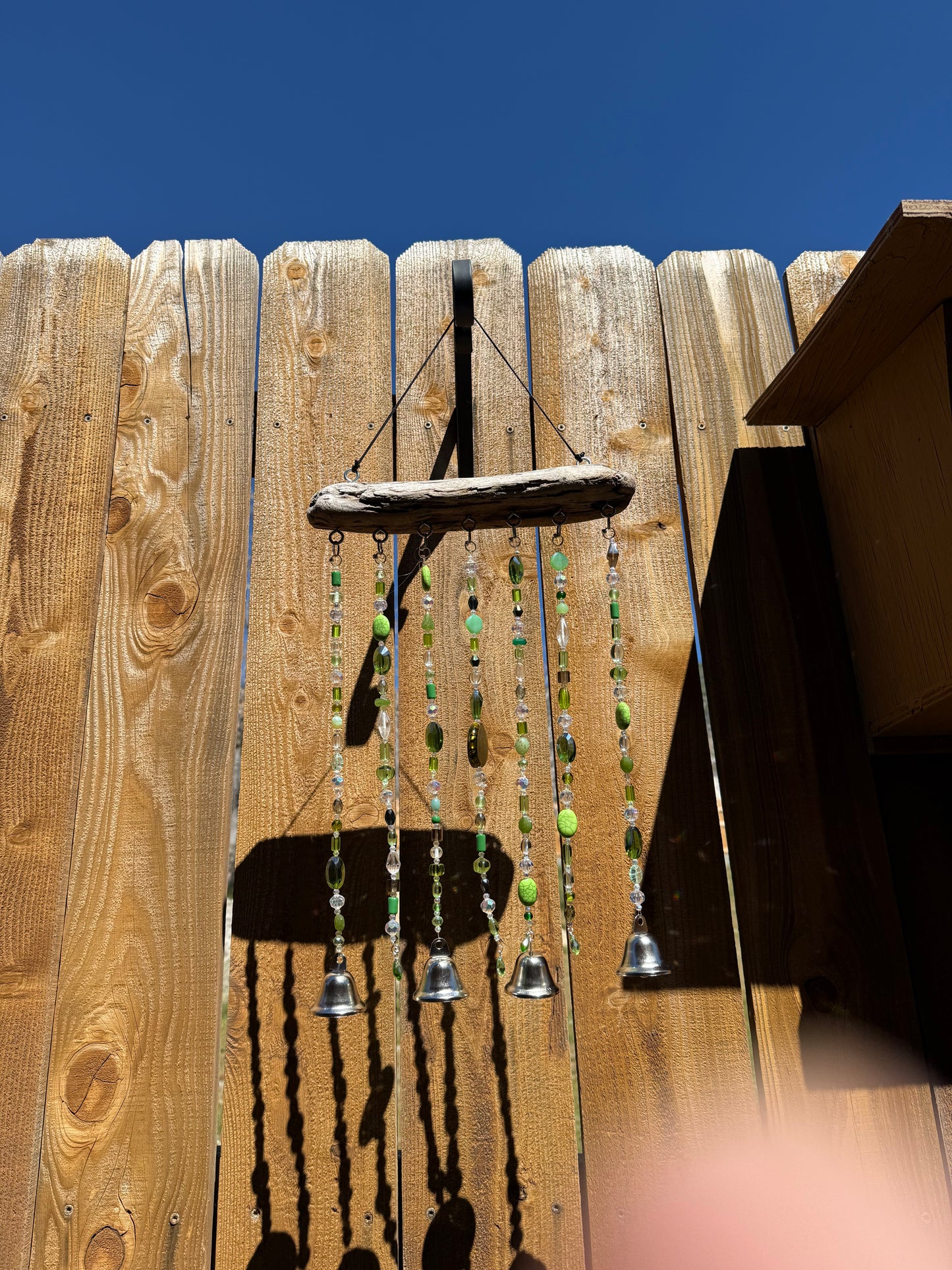 Handcrafted Green Glass Beaded Sun Catcher with Driftwood & Bells