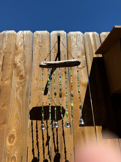 Handcrafted Green Glass Beaded Sun Catcher with Driftwood & Bells