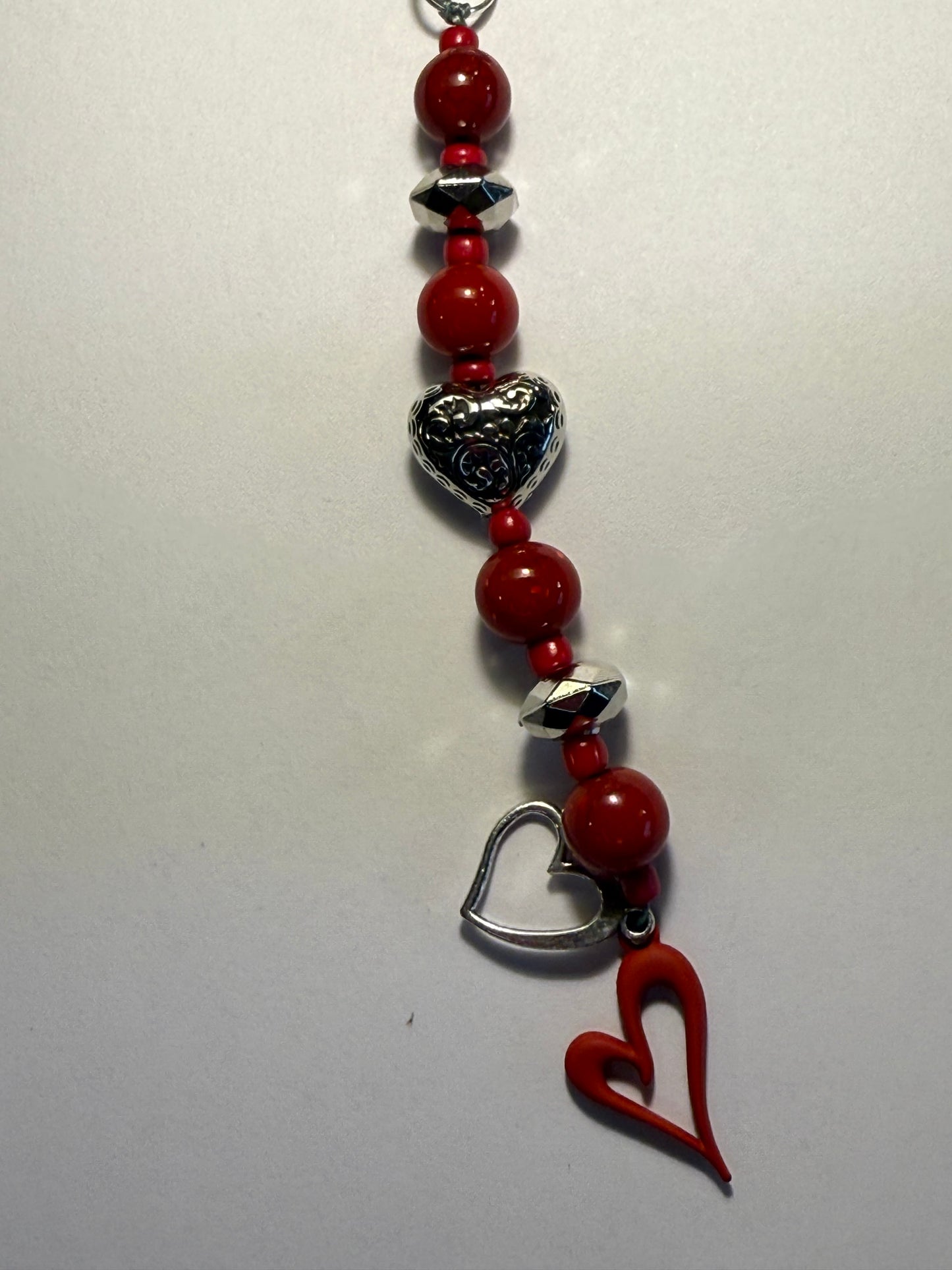 Silver Heart Beaded Keychain & Purse Dangler | Valentine Gift | Red Heart Charm Keyring