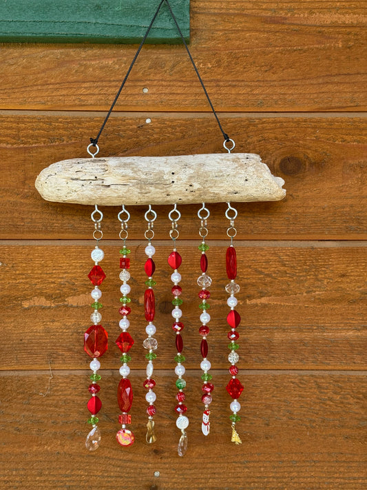 Handcrafted Christmas Driftwood Suncatcher - Red