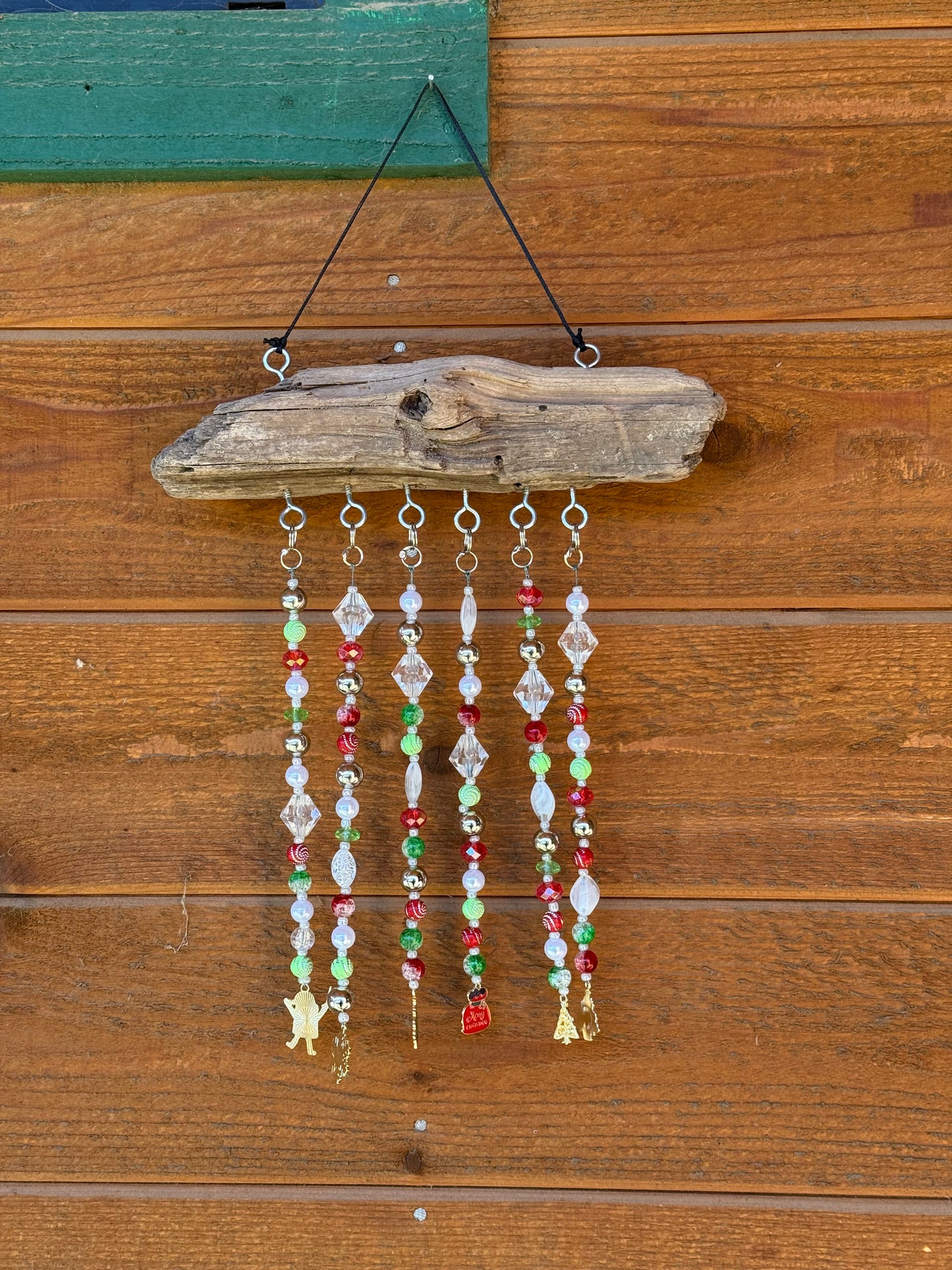 Handcrafted Christmas Driftwood Suncatcher: Beaded Holiday Window | patio | Home Decor