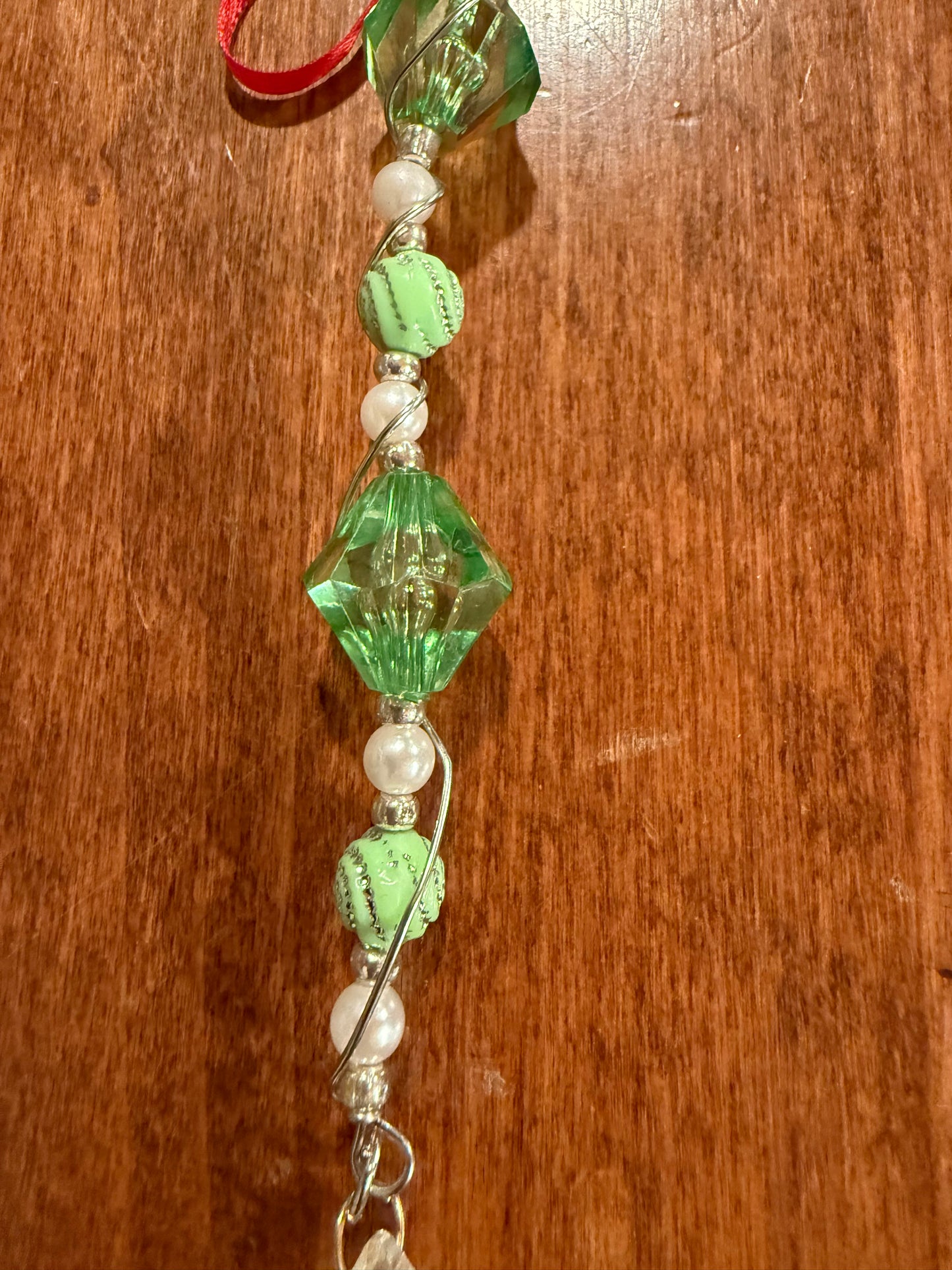Green - White Beaded Christmas Tree Ornament