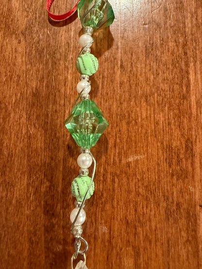 Green - White Beaded Christmas Tree Ornament