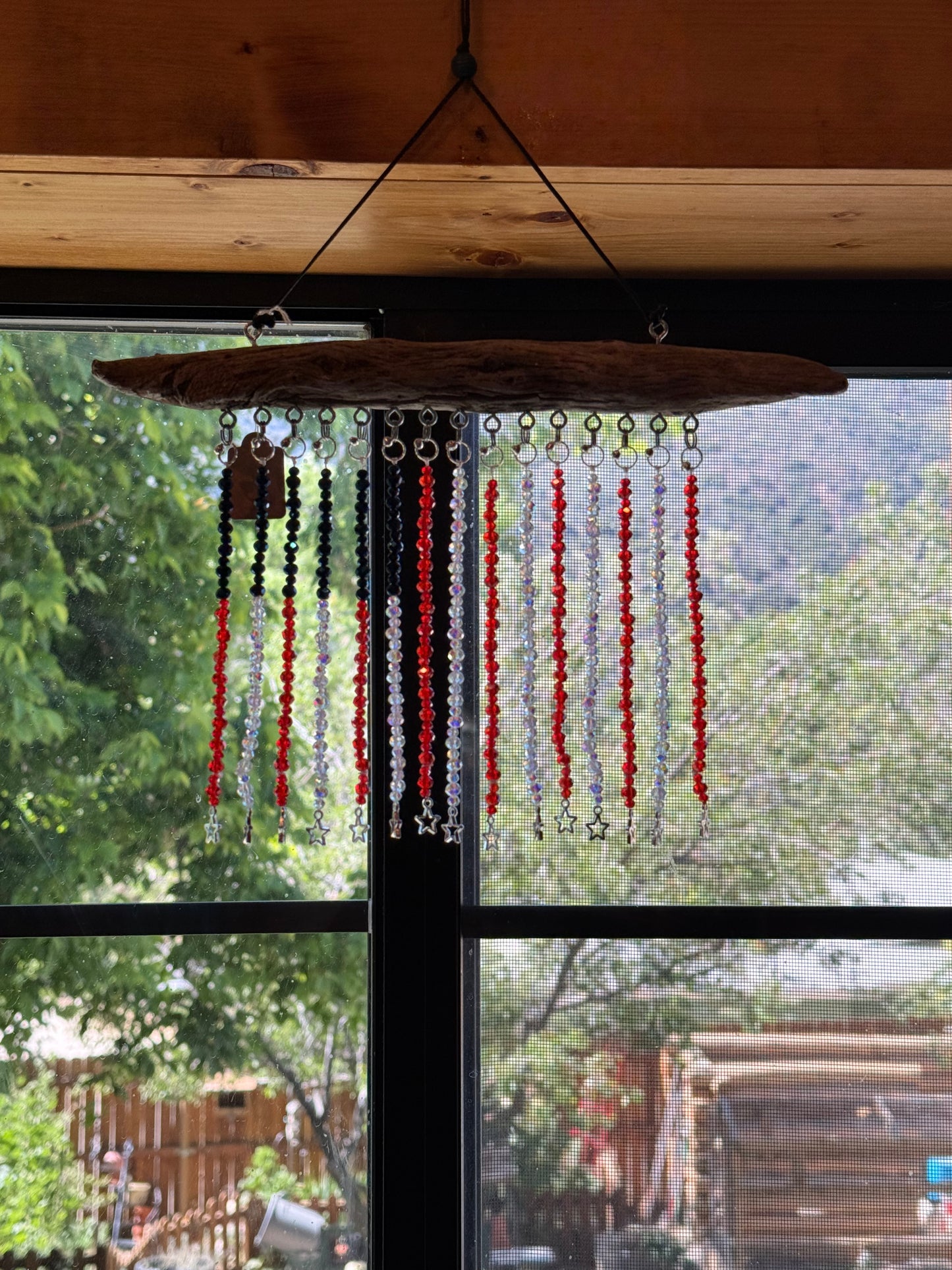 American Flag Glass Bead Driftwood Suncatcher - Medium 2
