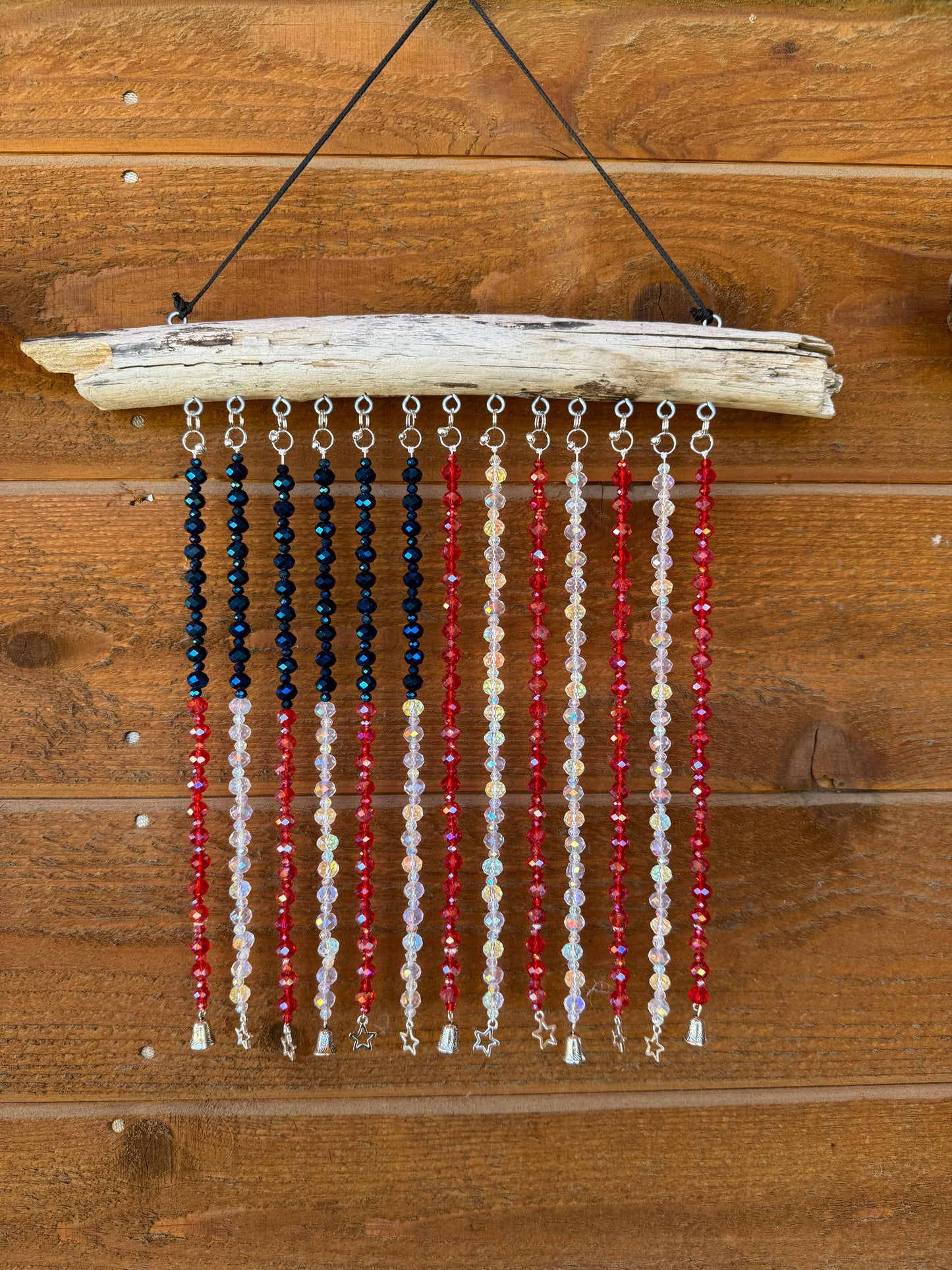 American Flag Glass Bead Driftwood Suncatcher