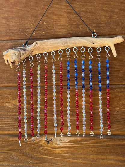 Handmade American Flag Driftwood Beaded Suncatcher