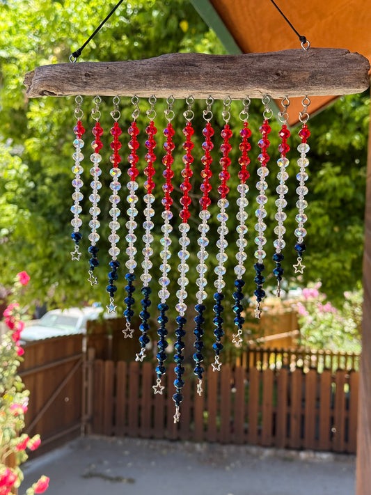 American Flag Driftwood and Glass Beads Suncatcher -Large