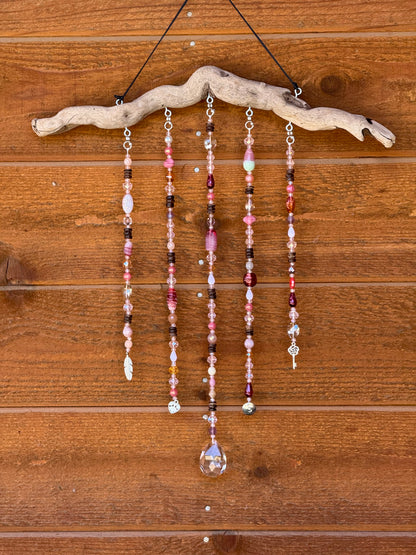 Handmade Beaded Suncatcher: Driftwood - Pink