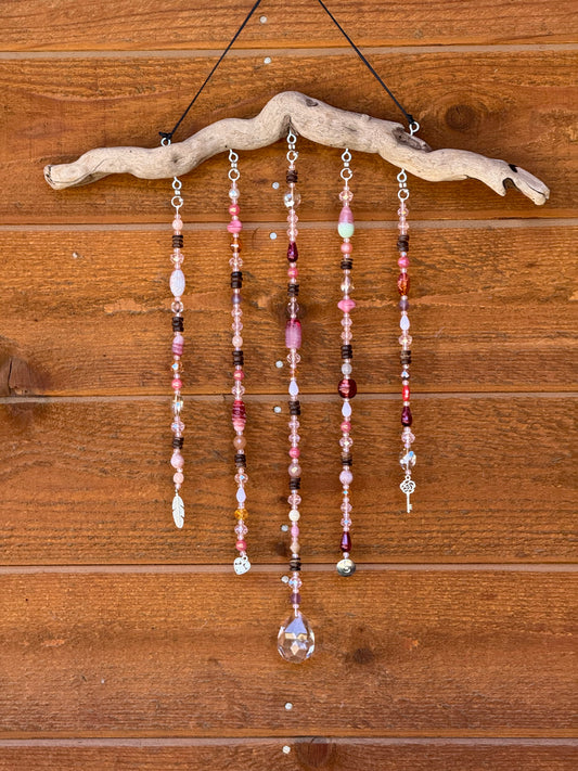 Handmade Beaded Suncatcher: Driftwood - Pink