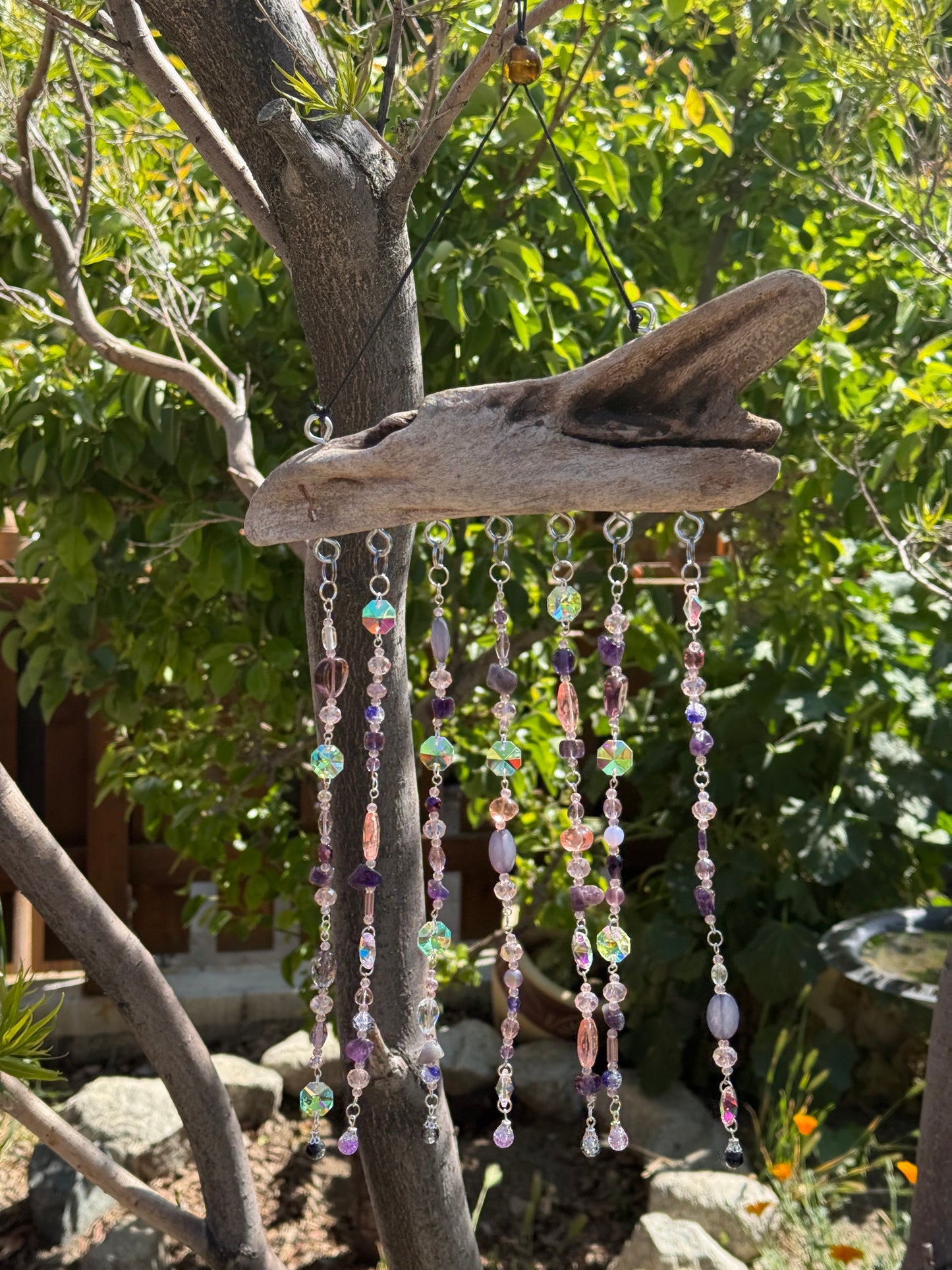 Purple Beaded Suncatcher with Driftwood | Boho Window Decor | Glass Beads | Handmade Hanging Suncatcher