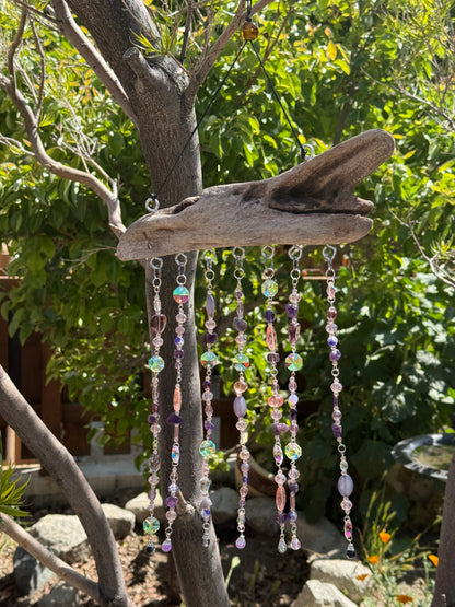Purple Beaded Suncatcher with Driftwood | Boho Window Decor | Glass Beads | Handmade Hanging Suncatcher