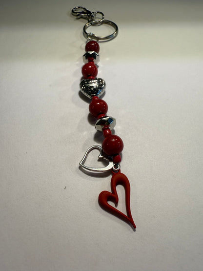 Silver Heart Beaded Keychain & Purse Dangler | Valentine Gift | Red Heart Charm Keyring
