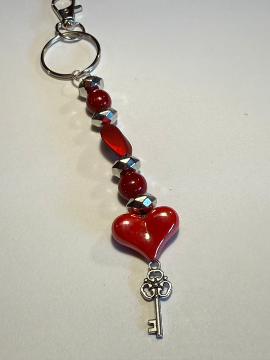 Red Heart Beaded Keychain / Purse Charm