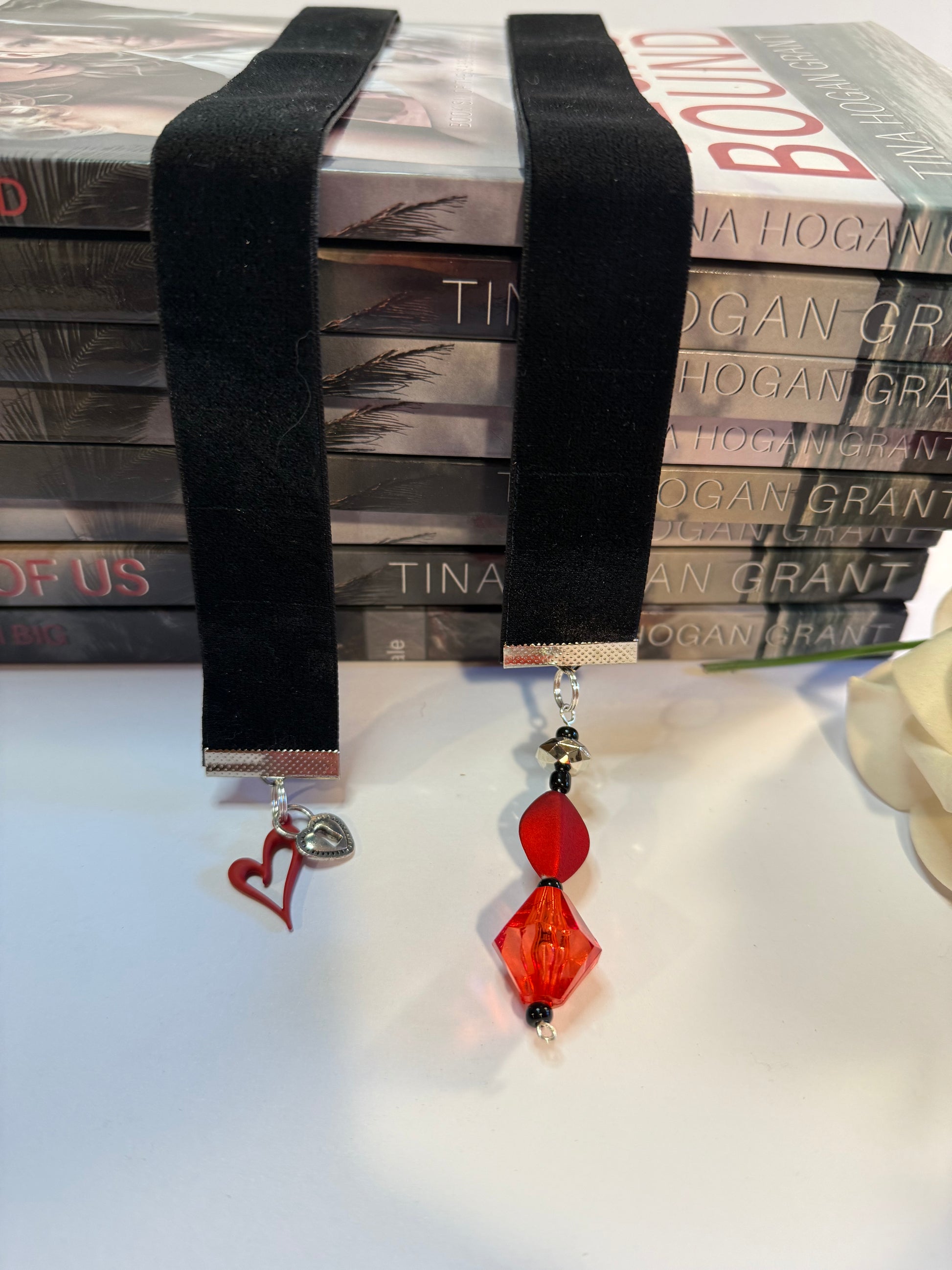black velvet bookmark with red heart charm.
