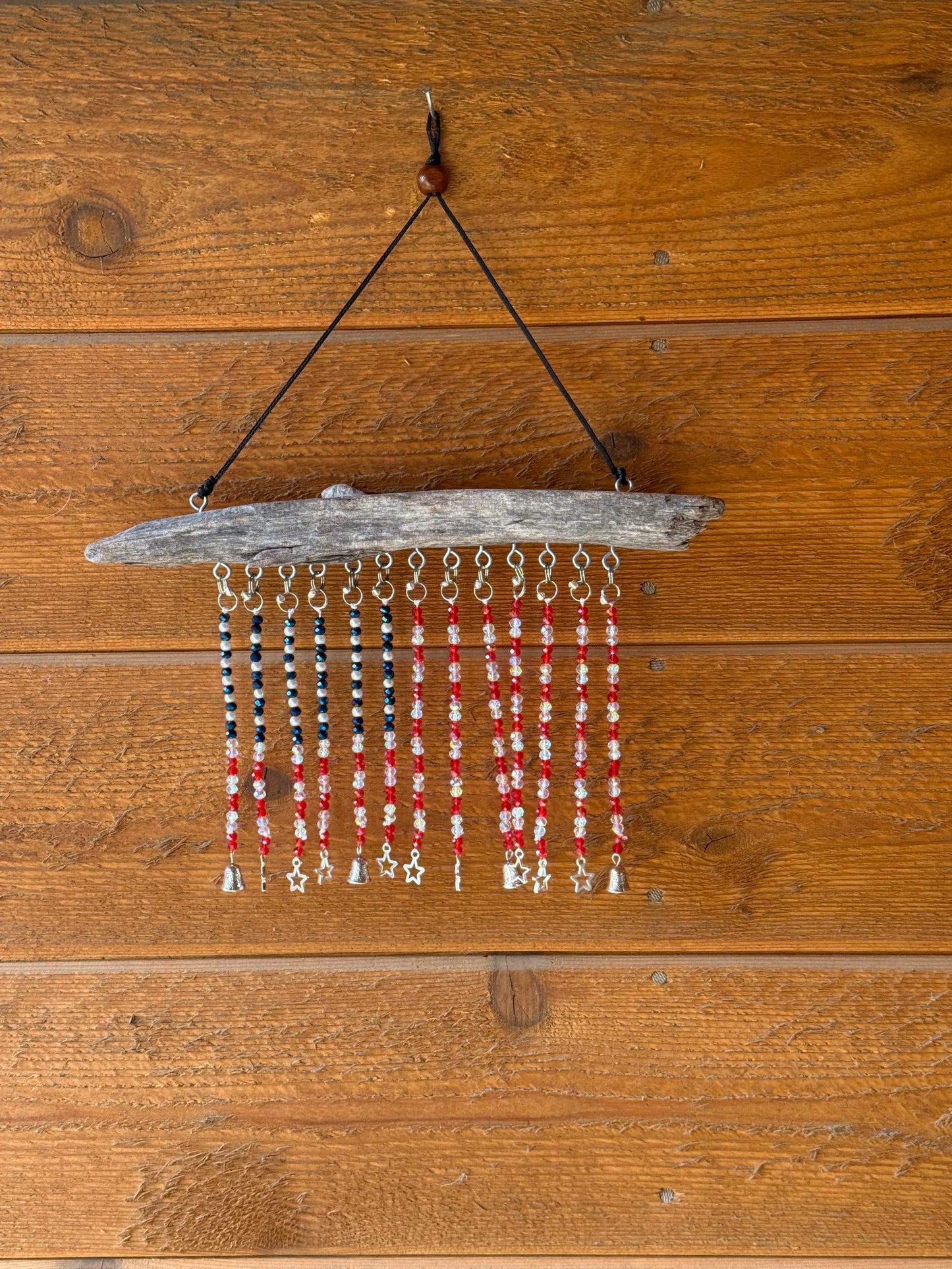 American Flag Glass Seed and Mini Crystal Beaded Driftwood Suncatcher