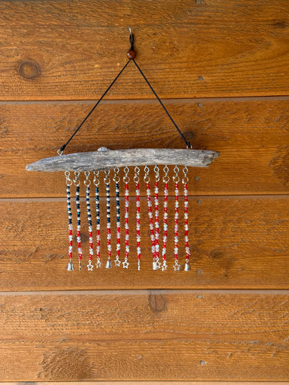 American Flag Glass Seed and Mini Crystal Beaded Driftwood Suncatcher