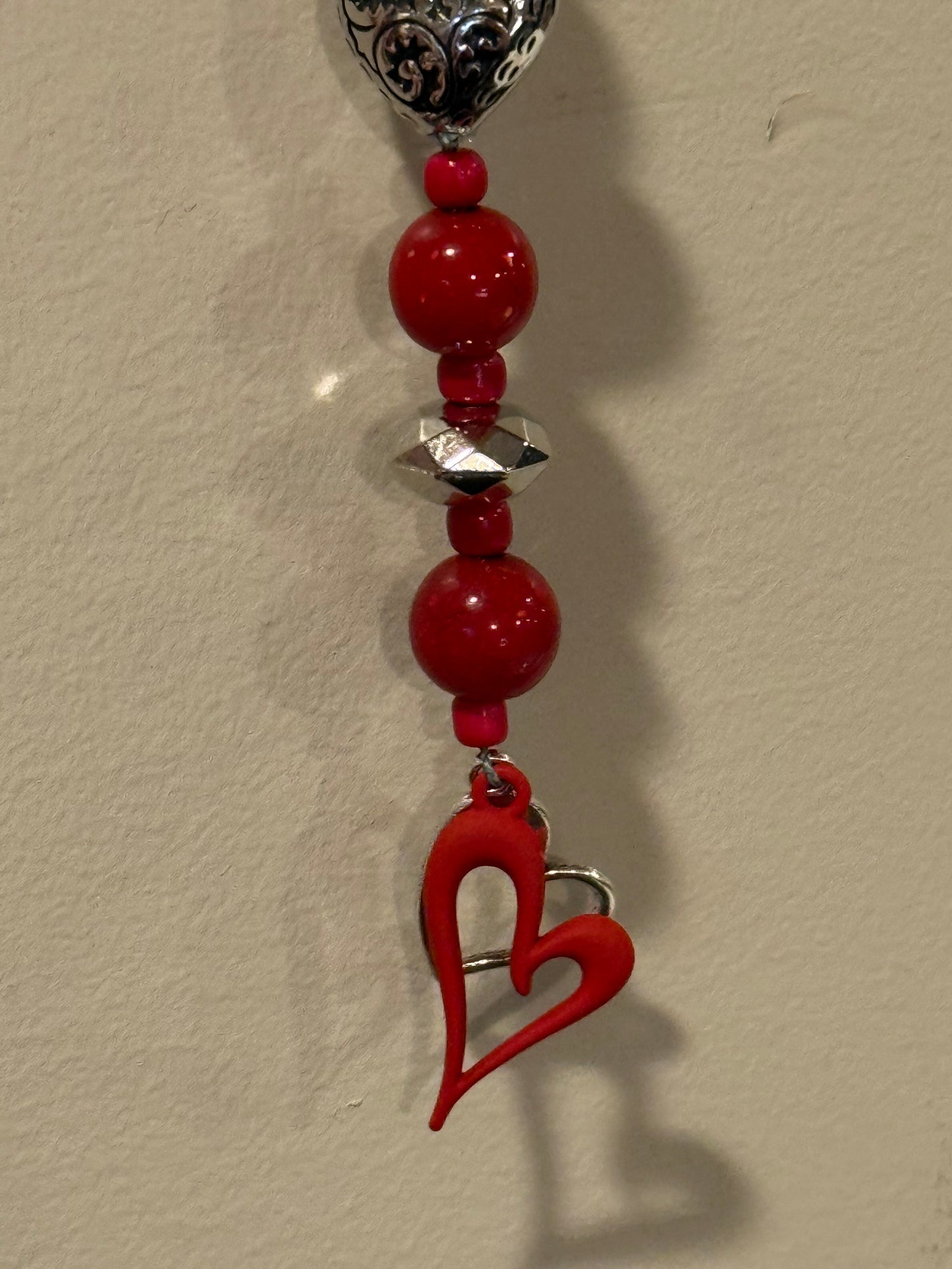 Silver Heart Beaded Keychain & Purse Dangler | Valentine Gift | Red Heart Charm Keyring