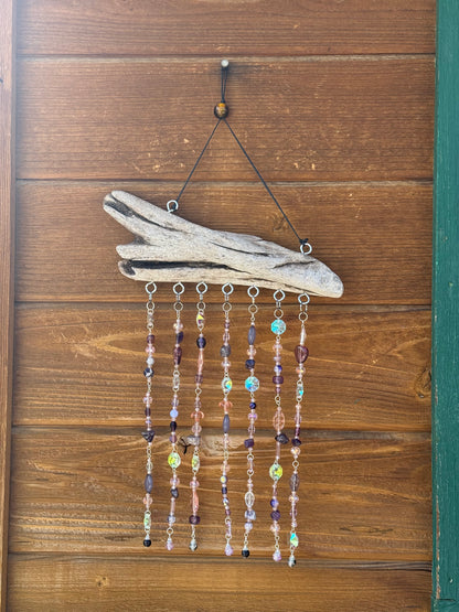 Purple Beaded Suncatcher with Driftwood | Boho Window Decor | Glass Beads | Handmade Hanging Suncatcher