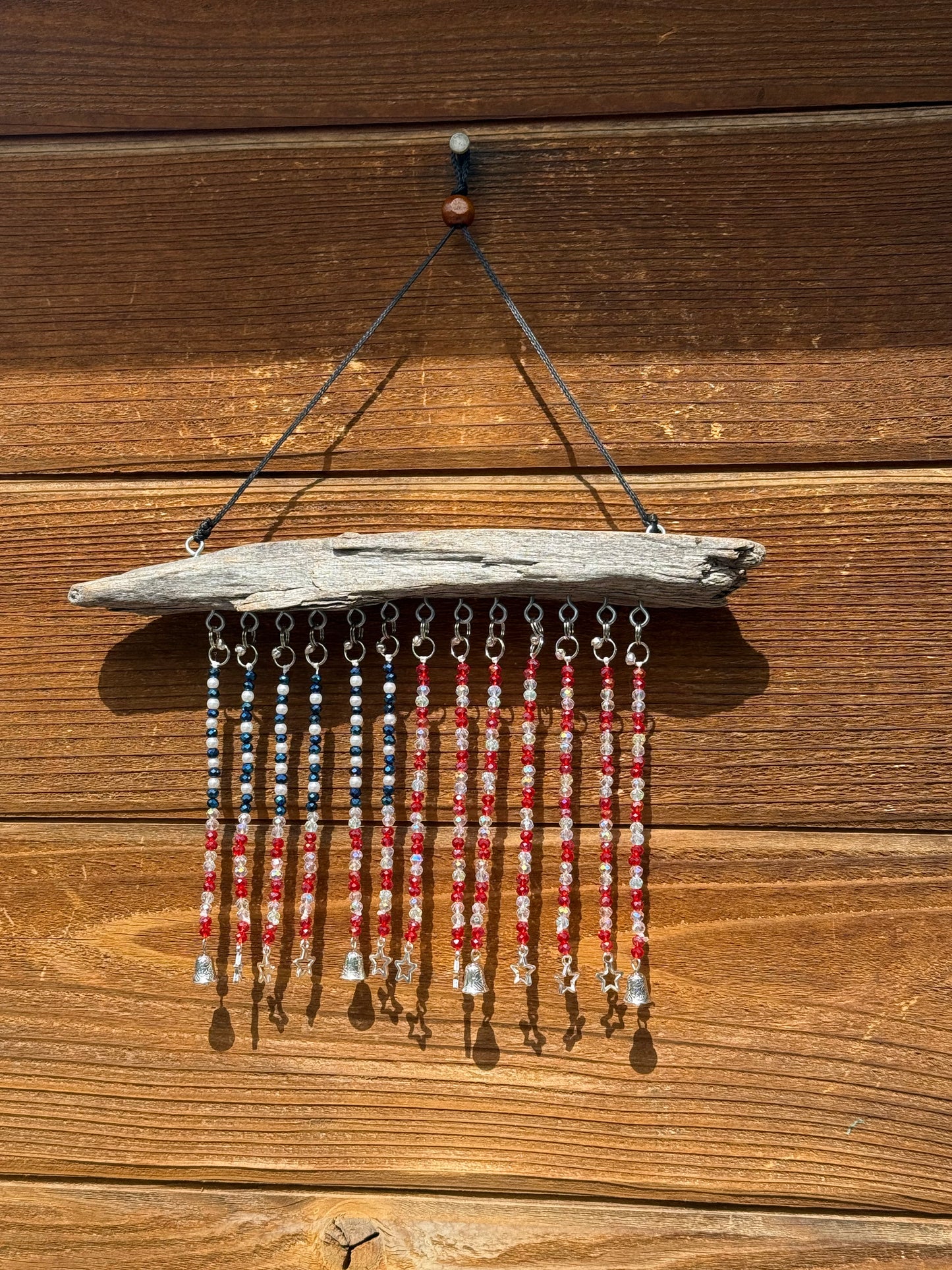 American Flag Glass Seed and Mini Crystal Beaded Driftwood Suncatcher