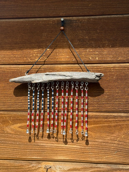 American Flag Glass Seed and Mini Crystal Beaded Driftwood Suncatcher