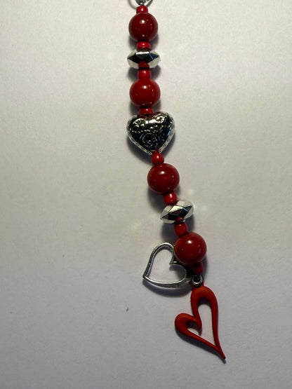 Silver Heart Beaded Keychain & Purse Dangler | Valentine Gift | Red Heart Charm Keyring