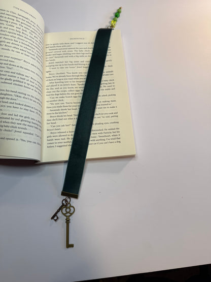 Hunter Green Velvet Bookmark with Skeleton Key Charm and Bead String