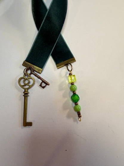 Hunter Green Velvet Bookmark with Skeleton Key Charm and Bead String
