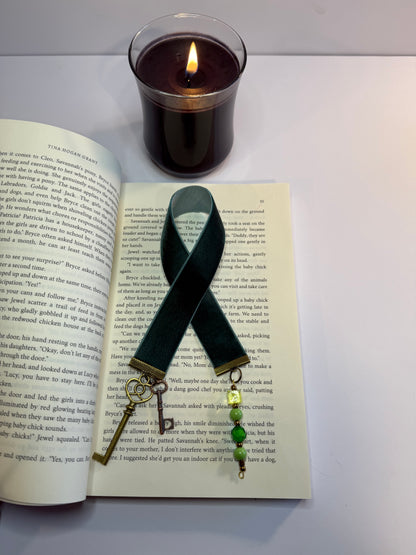Hunter Green Velvet Bookmark with Skeleton Key Charm and Bead String