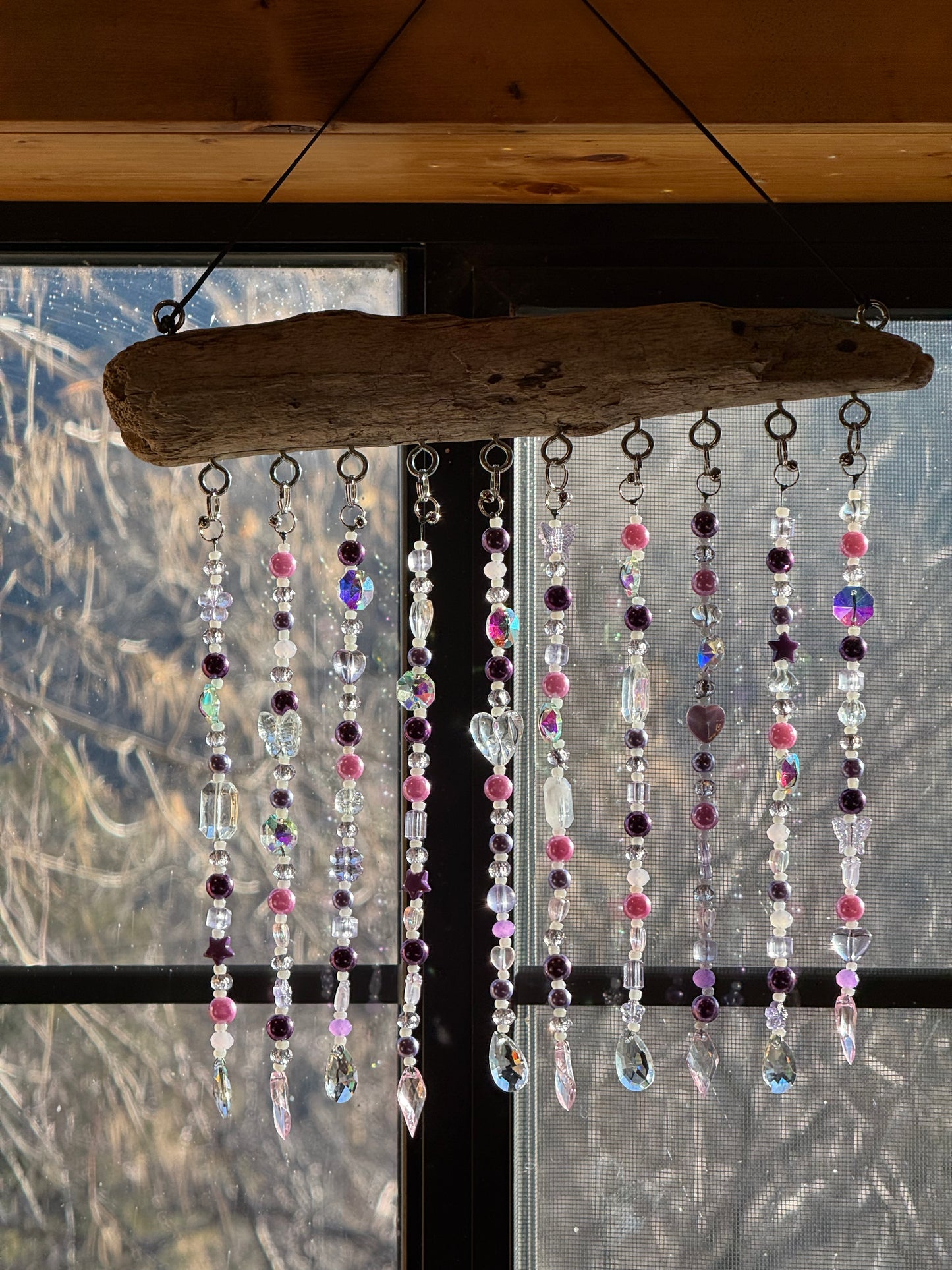 Purple Garden Suncatcher with Driftwood | Handcrafted Beaded Hanging Decor | Window or Outdoor Art