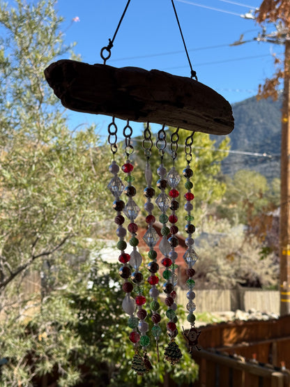 Handcrafted Christmas Driftwood Suncatcher: Beaded Holiday Window | patio | Home Decor