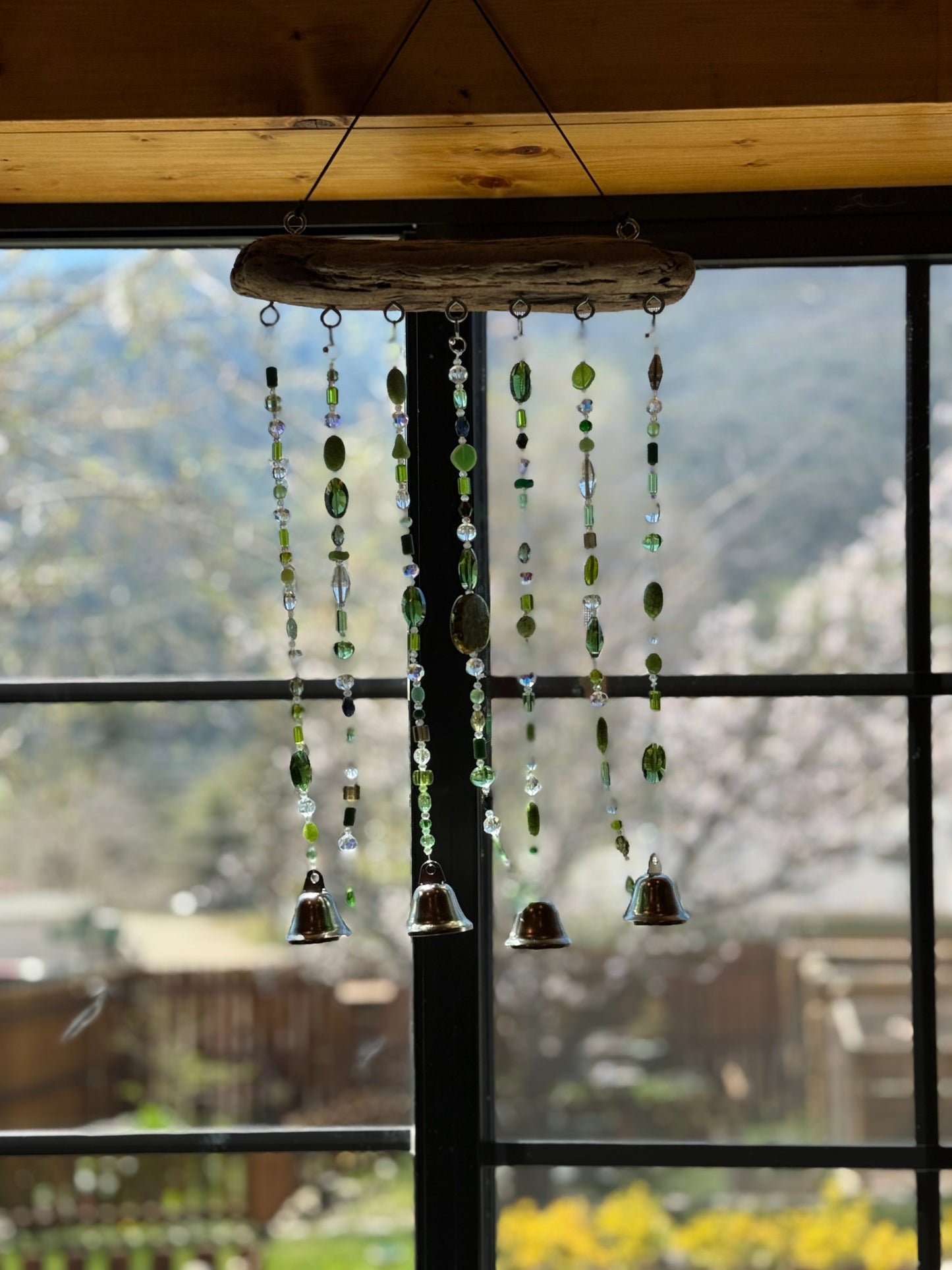 Handcrafted Green Glass Beaded Sun Catcher with Driftwood & Bells