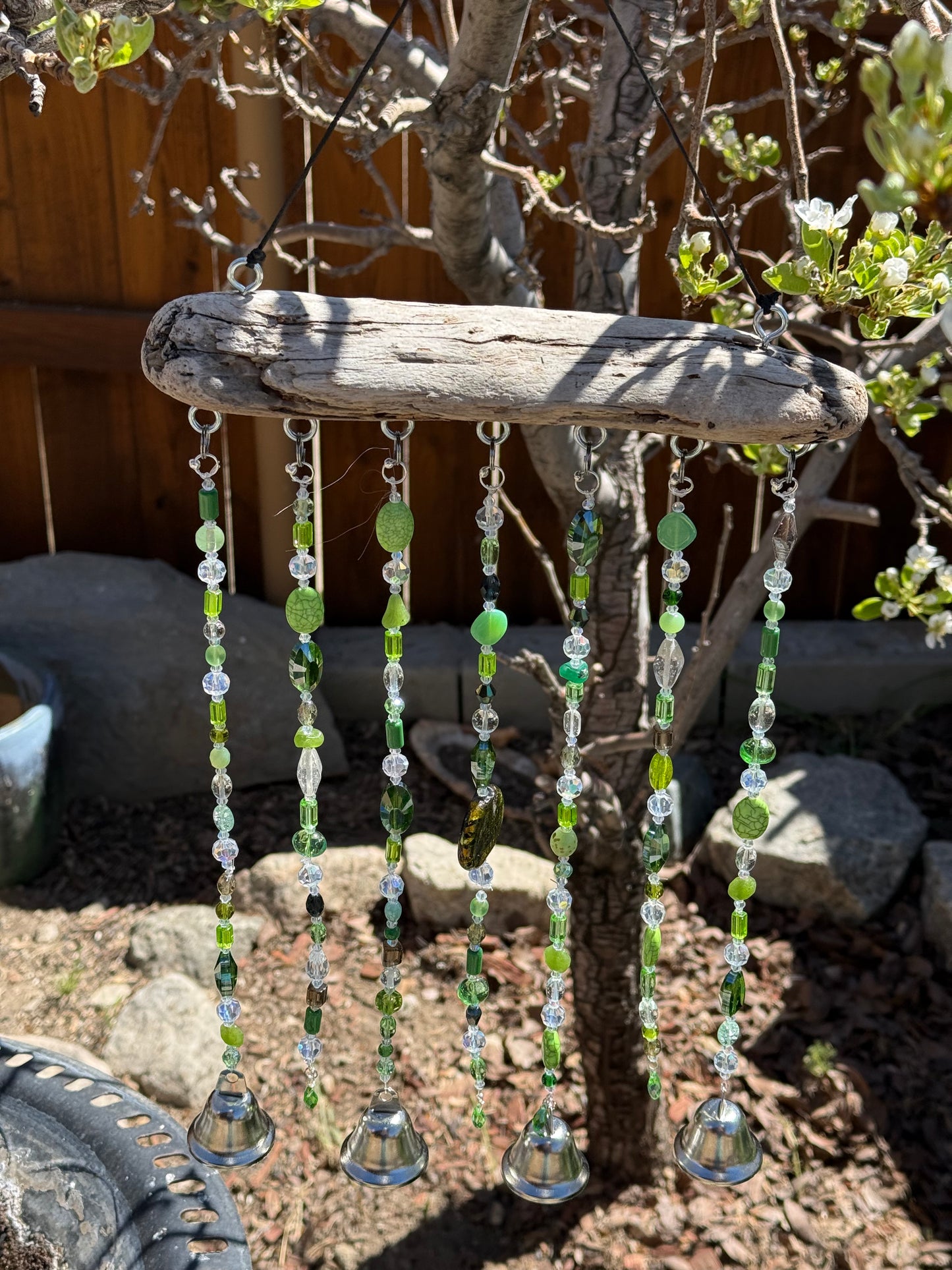 Handcrafted Green Glass Beaded Sun Catcher with Driftwood & Bells