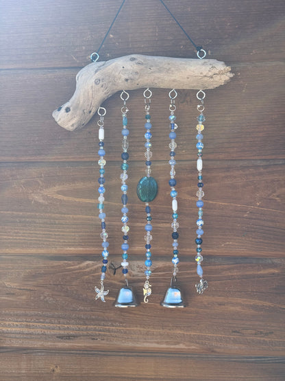Blue Glass and Driftwood Wind Chime / Suncatcher