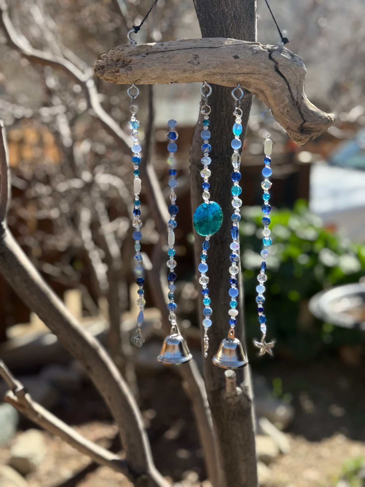 Blue Glass and Driftwood Wind Chime / Suncatcher