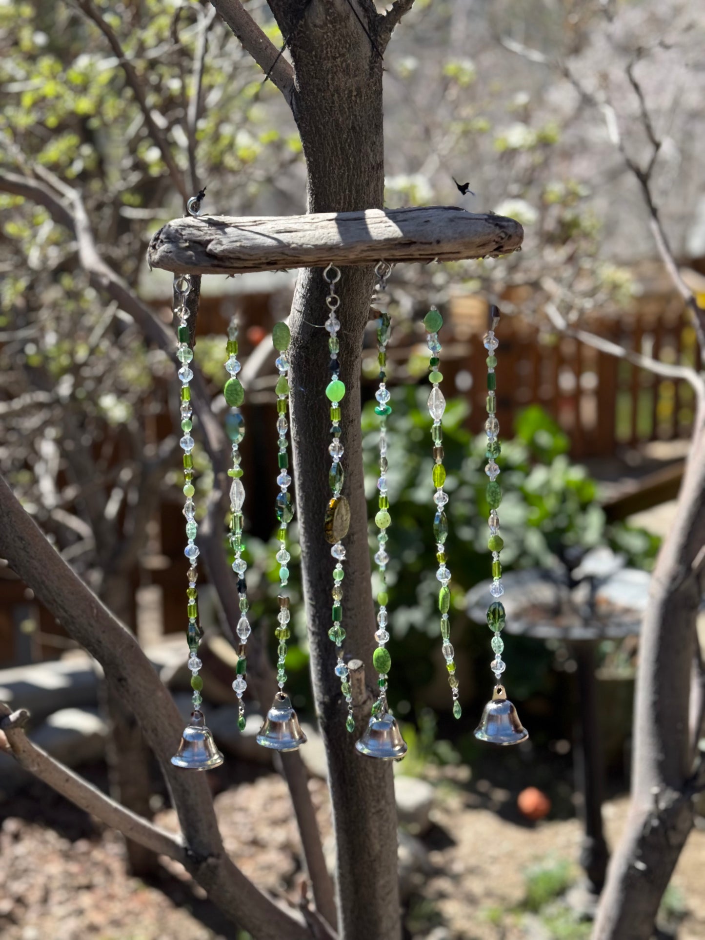 Handcrafted Green Glass Beaded Sun Catcher with Driftwood & Bells