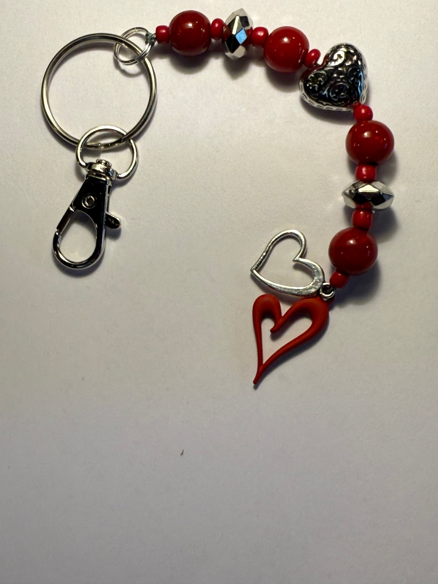 Silver Heart Beaded Keychain & Purse Dangler | Valentine Gift | Red Heart Charm Keyring
