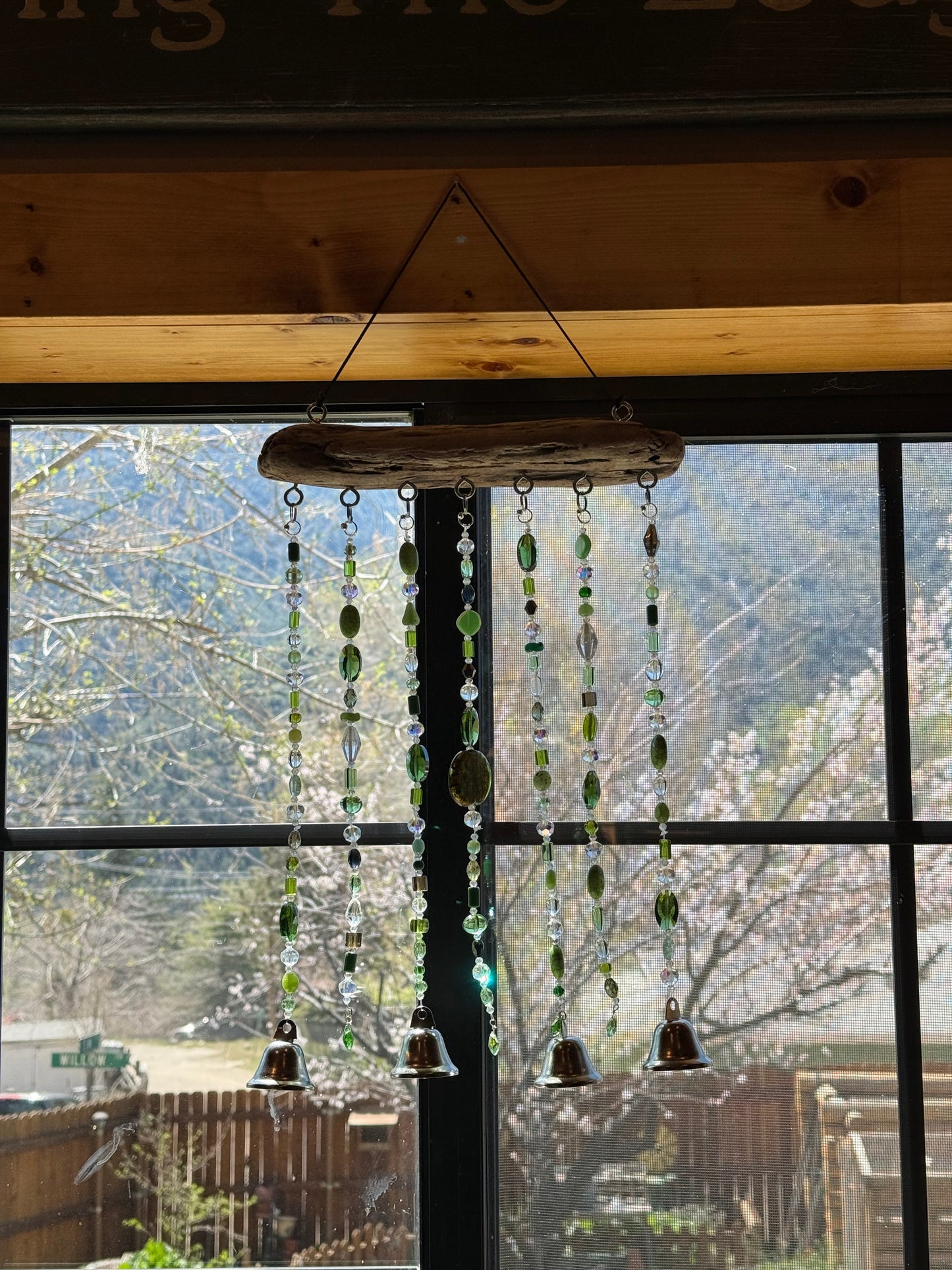 Handcrafted Green Glass Beaded Sun Catcher with Driftwood & Bells