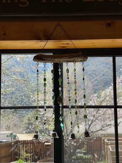 Handcrafted Green Glass Beaded Sun Catcher with Driftwood & Bells