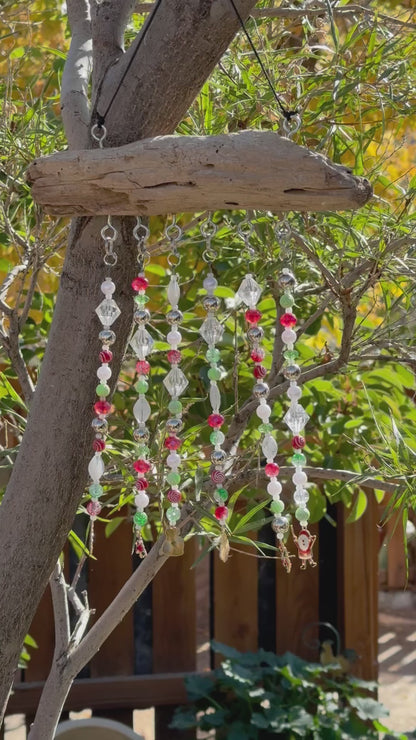 Handcrafted Christmas Driftwood Suncatcher: Beaded Holiday Window | patio | Home Decor