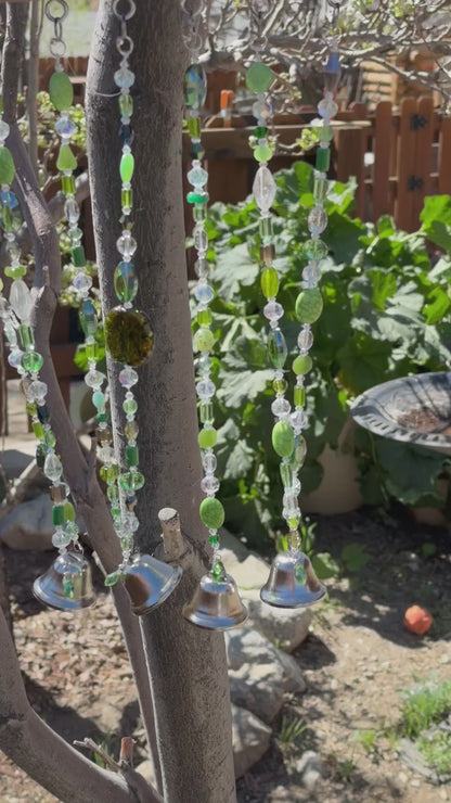 Handcrafted Green Glass Beaded Sun Catcher with Driftwood & Bells