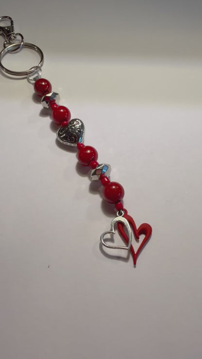 Silver Heart Beaded Keychain & Purse Dangler | Valentine Gift | Red Heart Charm Keyring