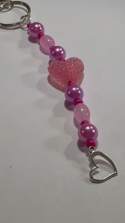 Pink Heart Beaded Keychain or Purse Charm | Valentine Gift for Her | Romantic Handmade Accessory | Love Heart Keyring