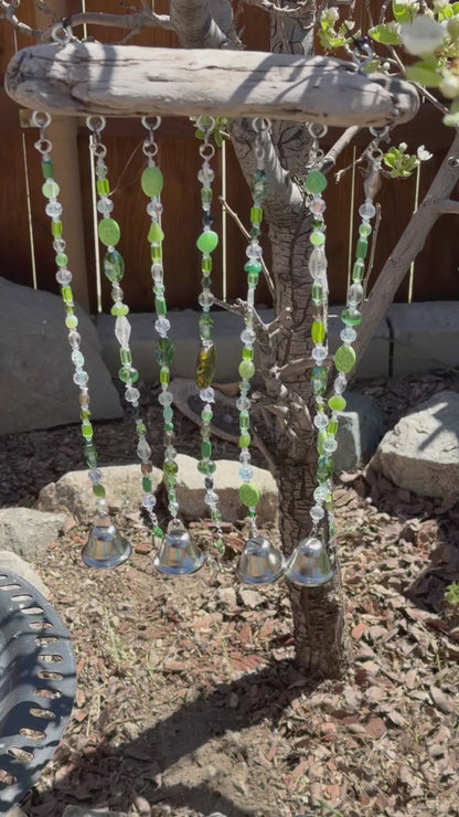 Handcrafted Green Glass Beaded Sun Catcher with Driftwood & Bells
