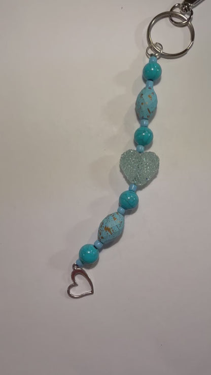 Blue Heart Beaded Keychain | Turquoise Purse Charm | Handmade Key Ring with Heart Charm | Valentine Gift for Her | Bag Accessory