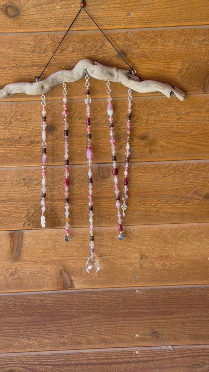 Handmade Beaded Suncatcher: Driftwood - Pink