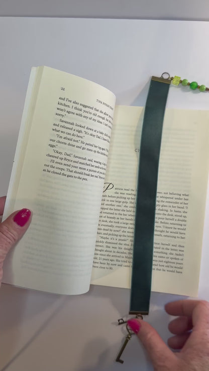 Hunter Green Velvet Bookmark with Skeleton Key Charm and Bead String