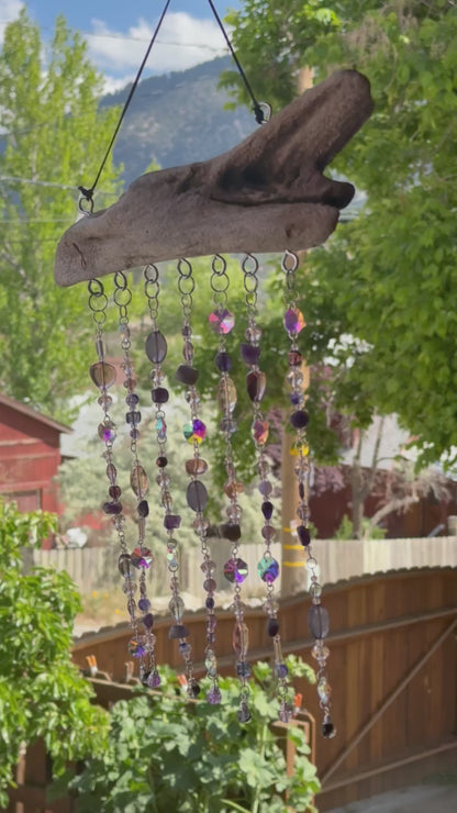 Purple Beaded Suncatcher with Driftwood | Boho Window Decor | Glass Beads | Handmade Hanging Suncatcher
